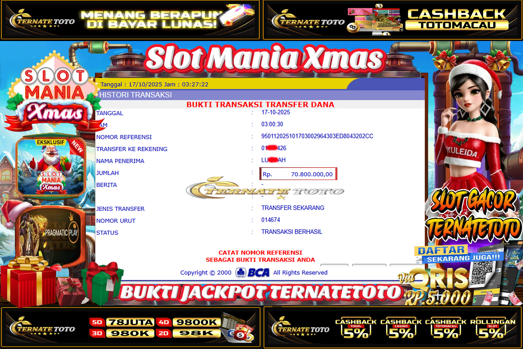 TERNATETOTO - MENANG SLOT MANIA XMAS DI PRAGMATIC PLAY Rp.70,800,000,-
